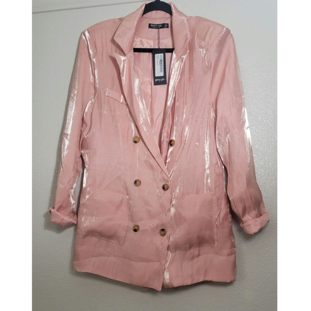 Nasty Gal Glass Double Breasted Blazer US 8 Rose Pink Metallic Shimmer NWT